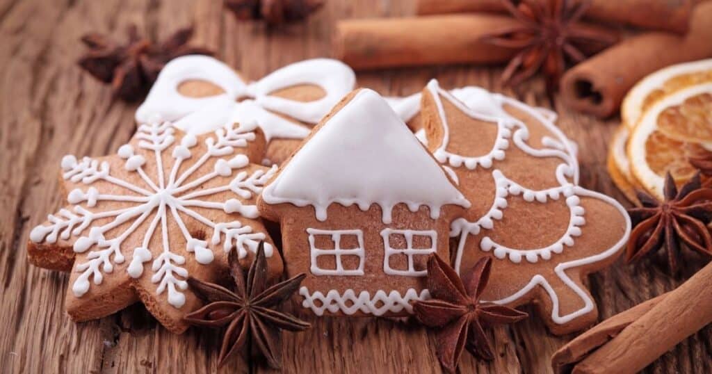 brown gingerbread cookies, decorated with white icing