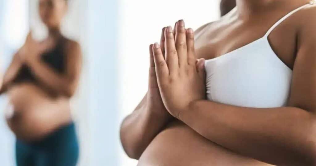woman in prenatal yoga class in miami florida
