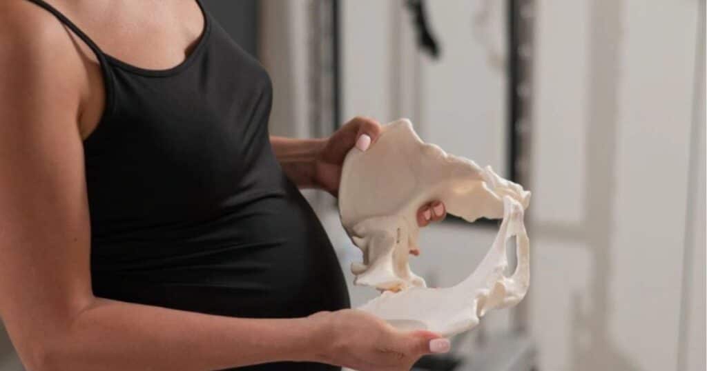 pregnant woman holding model of pelvis to learn about pelvic floor therapy