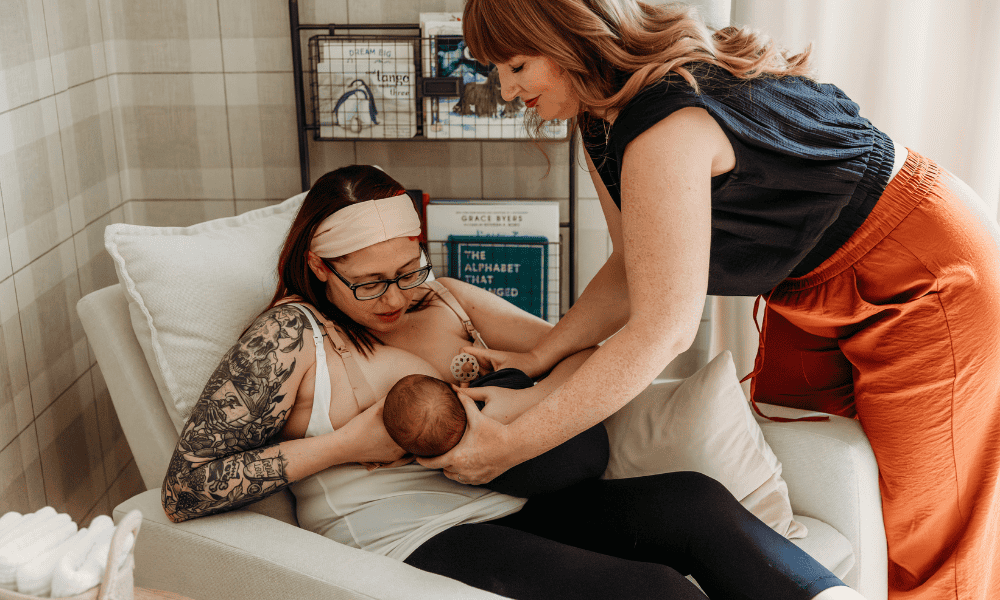 A postpartum parent is helped in the first 90 days by a newborn care specialist